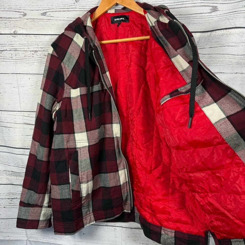 DIESEL Men’s Jacket Zip-Up Hoodie J Vasilevich Red Black Plaid Size S - Picture 5 of 9
